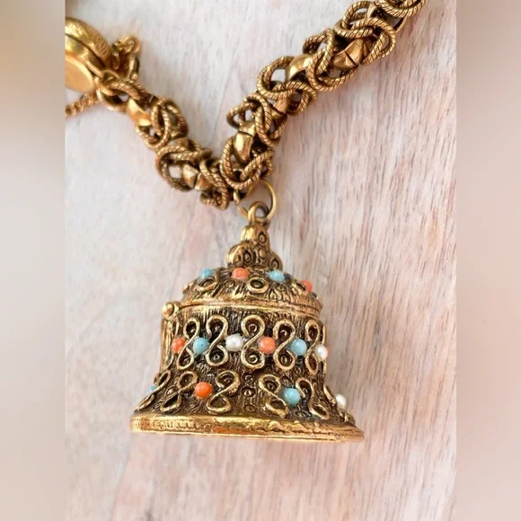 Vintage 60s Warm Gold Tone Antiqued Brass Bell
Locket Bracelet Etruscan Revival - Picture 3 of 7